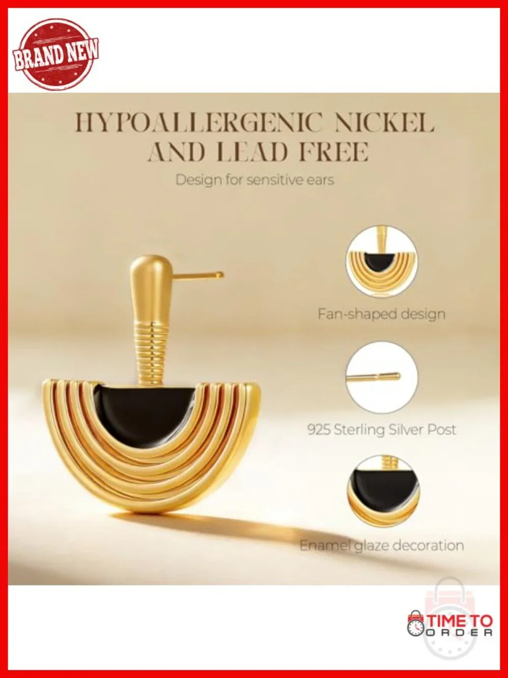 18K Gold Plated S925 Sterling Silver Post Drop Earrings, Black Enamel Fan